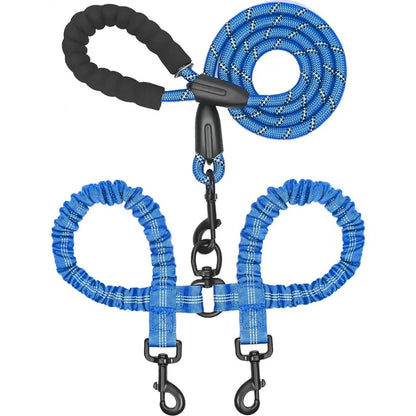 FlexiWalk™ Shock-Absorbing Double Dog Leash – Nylon, Stretchable, Anti-Winding for Comfortable Walks